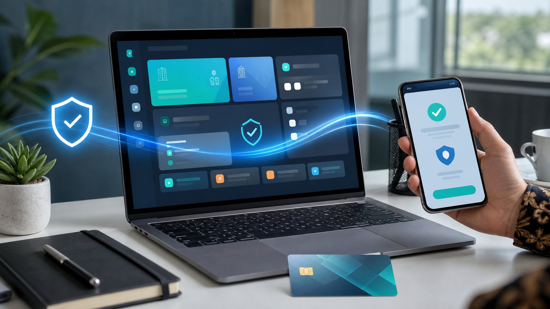 Laptop dan ponsel menampilkan antarmuka pembayaran digital dengan kartu debit dan simbol keamanan di meja kerja modern.