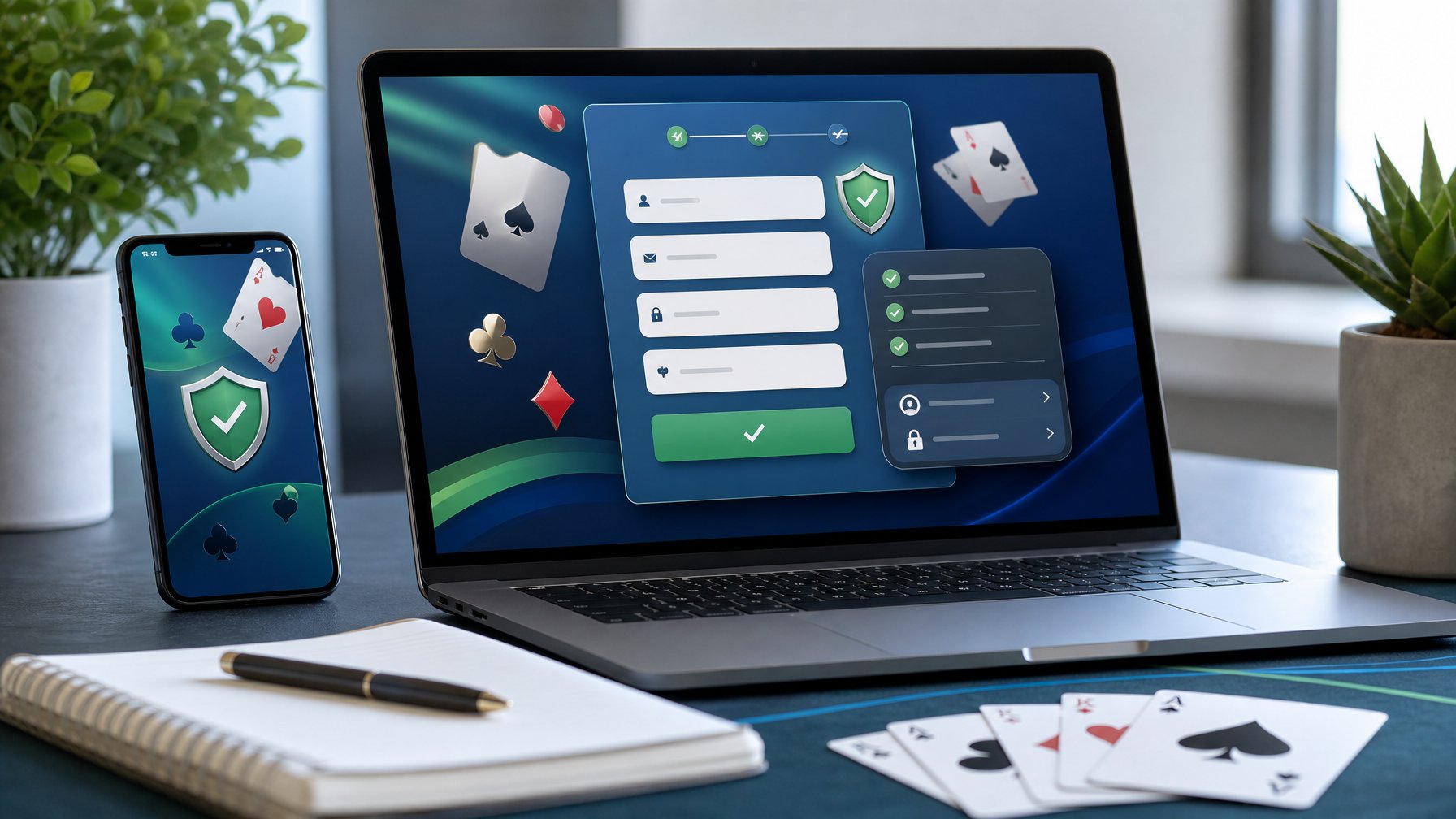 Laptop dengan tampilan antarmuka permainan kartu abstrak, formulir pendaftaran, ponsel, buku catatan, dan kartu remi di atas meja.