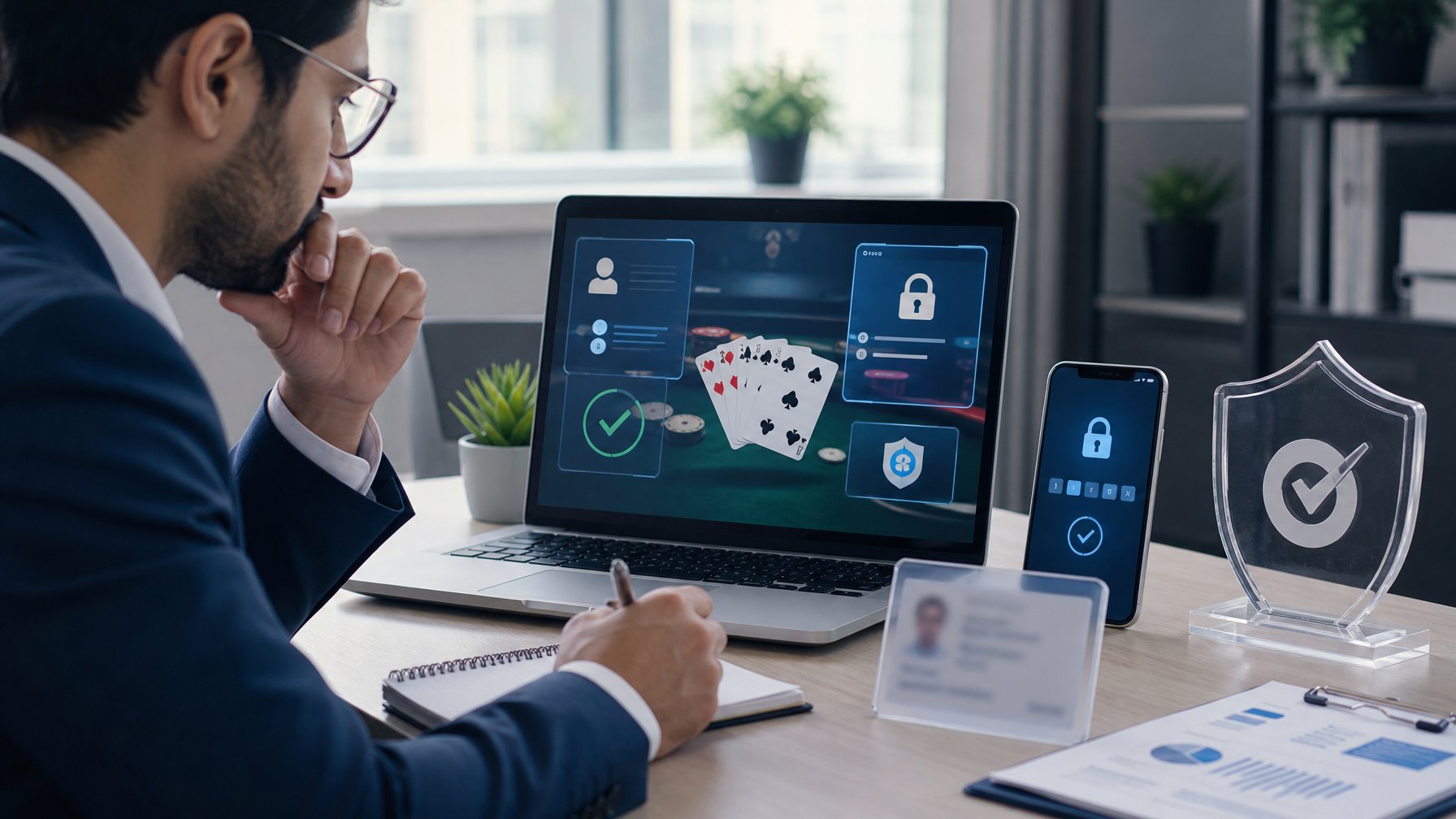 Analis memeriksa laptop dan ponsel dengan simbol keamanan, verifikasi identitas, dan kartu permainan.