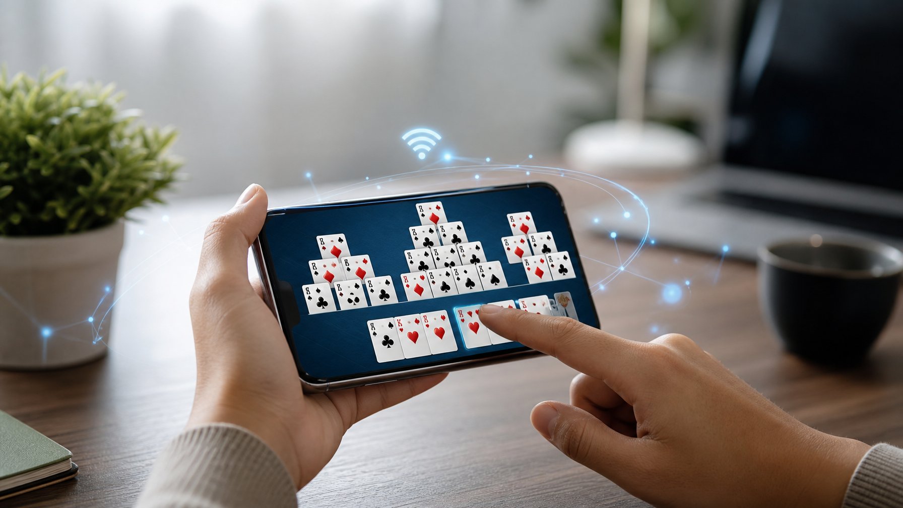 Tangan pengguna mengoperasikan permainan kartu digital Capsa Susun pada ponsel di atas meja modern.