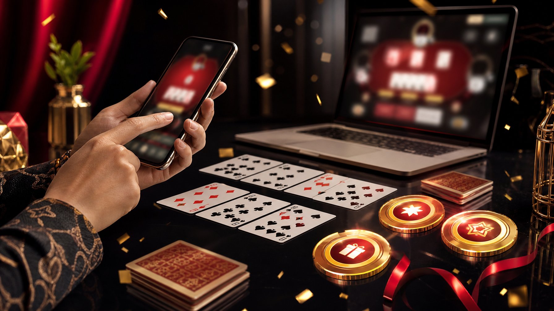 Meja permainan kartu modern dengan kartu, perangkat digital, dan elemen bonus berwarna emas serta merah.