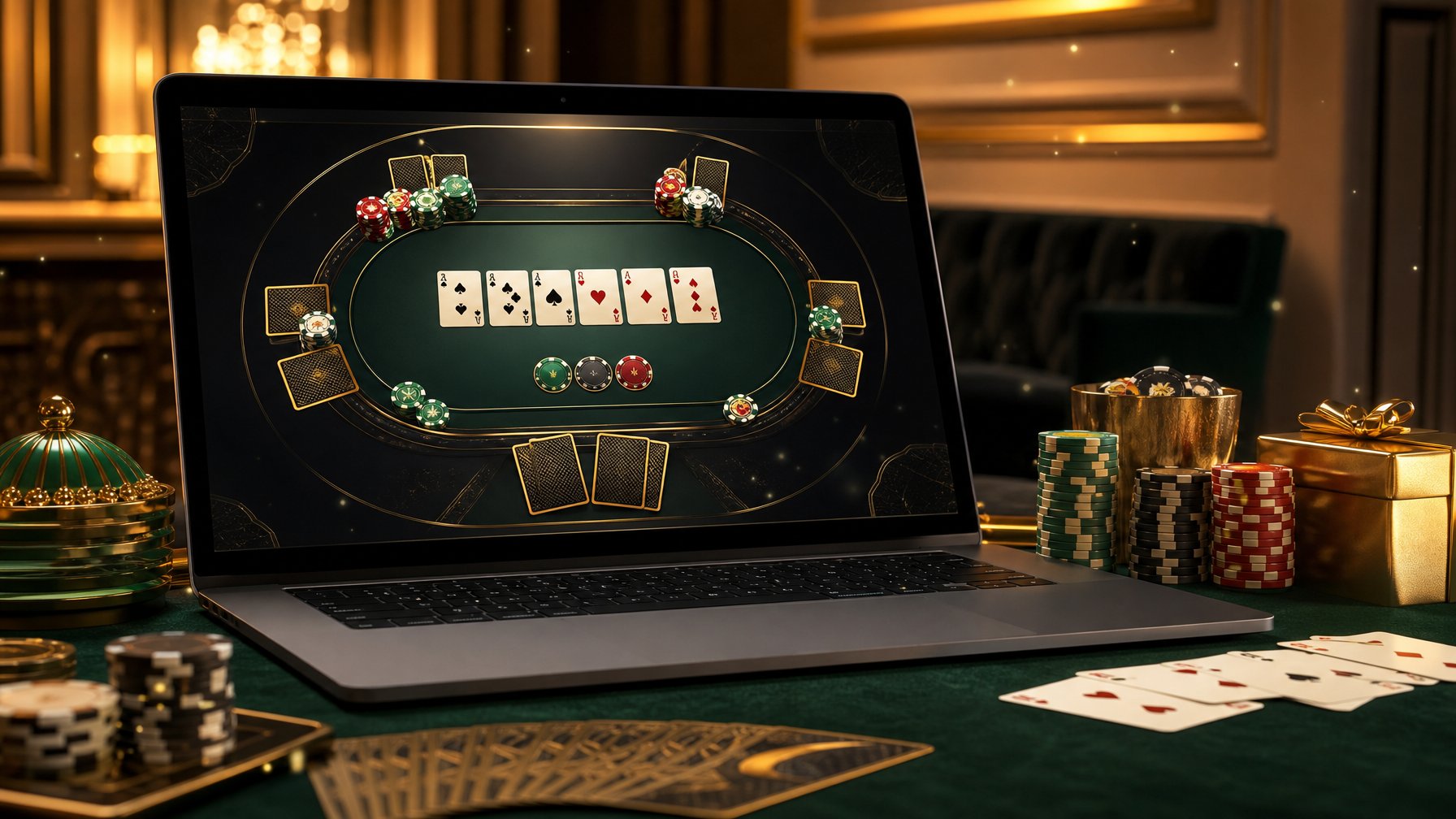 Laptop dengan tampilan permainan kartu capsa, kartu dan keping permainan di meja, serta aksen emas yang menggambarkan hadiah besar.