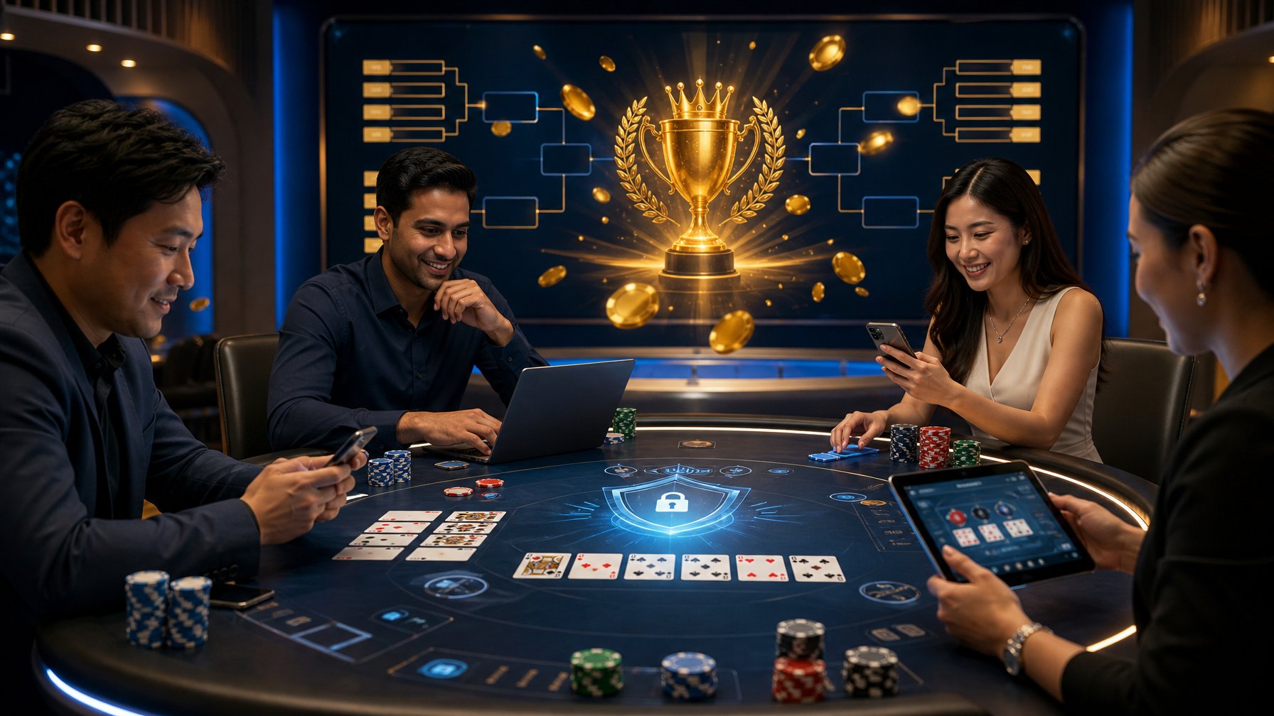 Pemain dewasa mengikuti turnamen Capsa online dengan kartu, hadiah jackpot, dan tampilan keamanan digital.