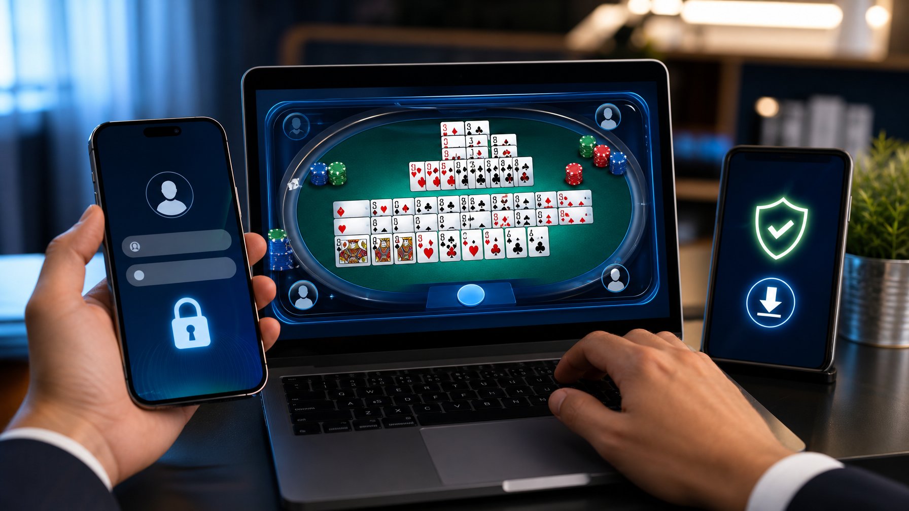 Seseorang menggunakan ponsel dan laptop untuk masuk serta mengunduh aplikasi permainan kartu online.