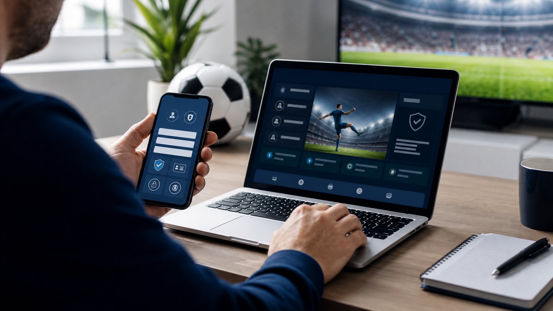 Seseorang menyiapkan pendaftaran platform olahraga legal menggunakan laptop dan ponsel di ruang kerja modern.