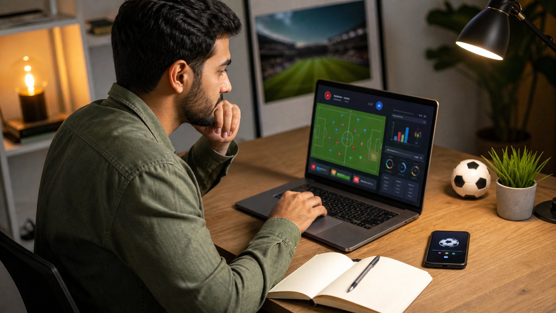 Seorang dewasa mempelajari analisis pertandingan sepak bola melalui laptop di meja kerja pada malam hari.