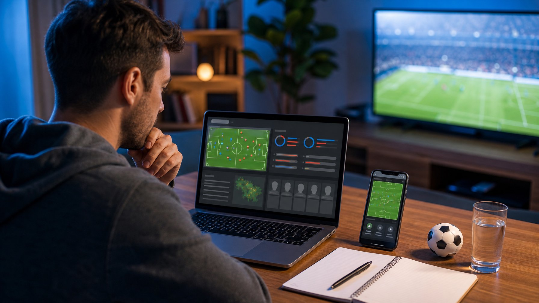 Seorang pemula mempelajari analisis pertandingan sepak bola di meja kerja dengan laptop dan ponsel.