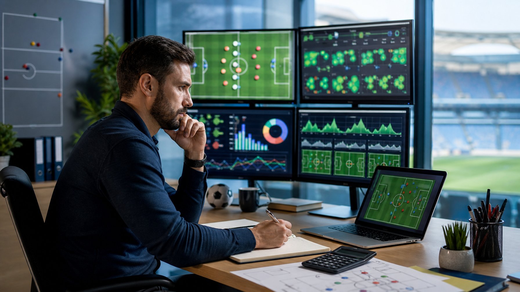 Seorang analis mempelajari statistik pertandingan sepak bola di meja kerja dengan beberapa layar dan perlengkapan analisis.