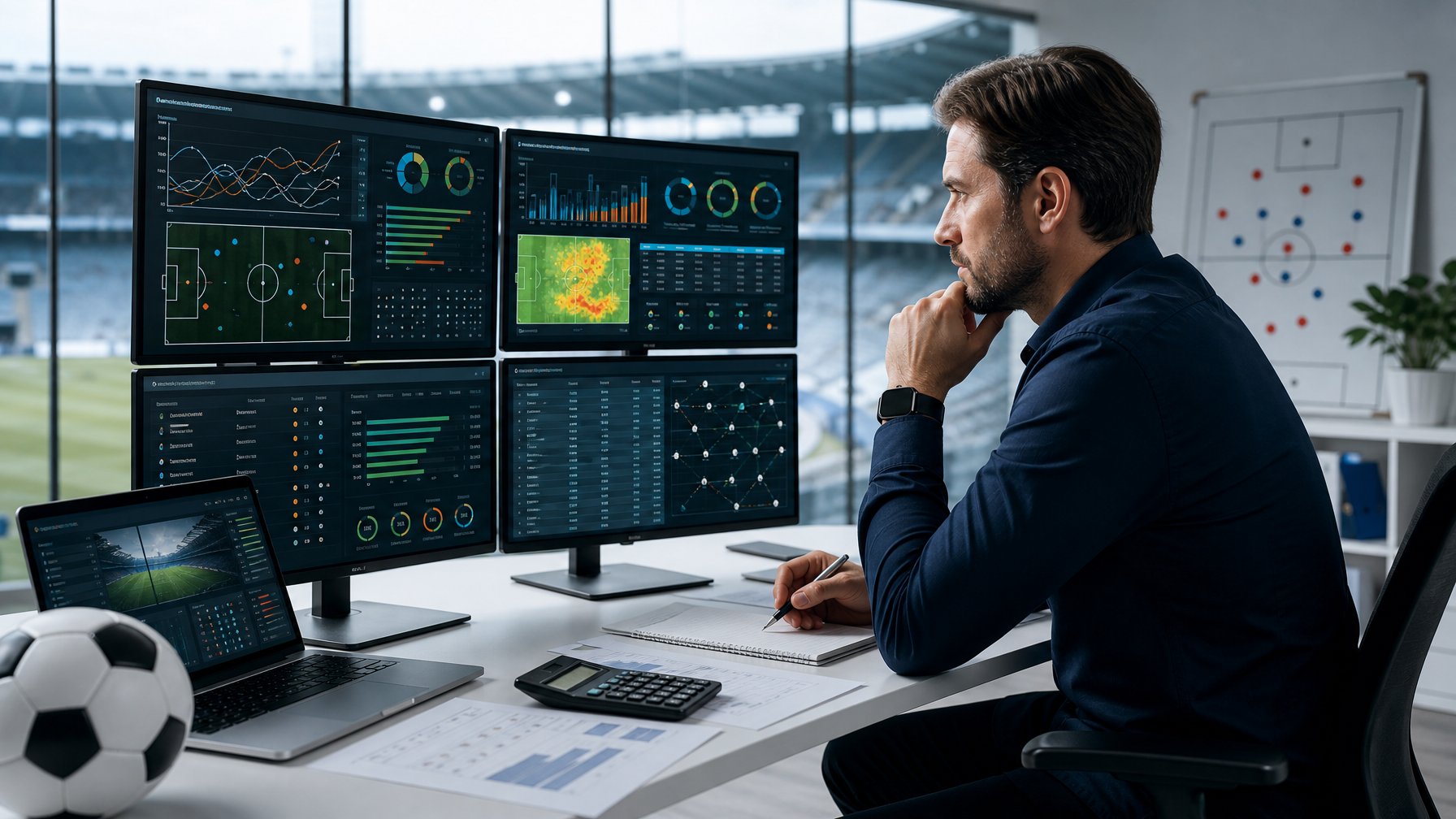 Seorang analis mempelajari data performa tim sepak bola di depan beberapa monitor dalam ruang kerja modern.