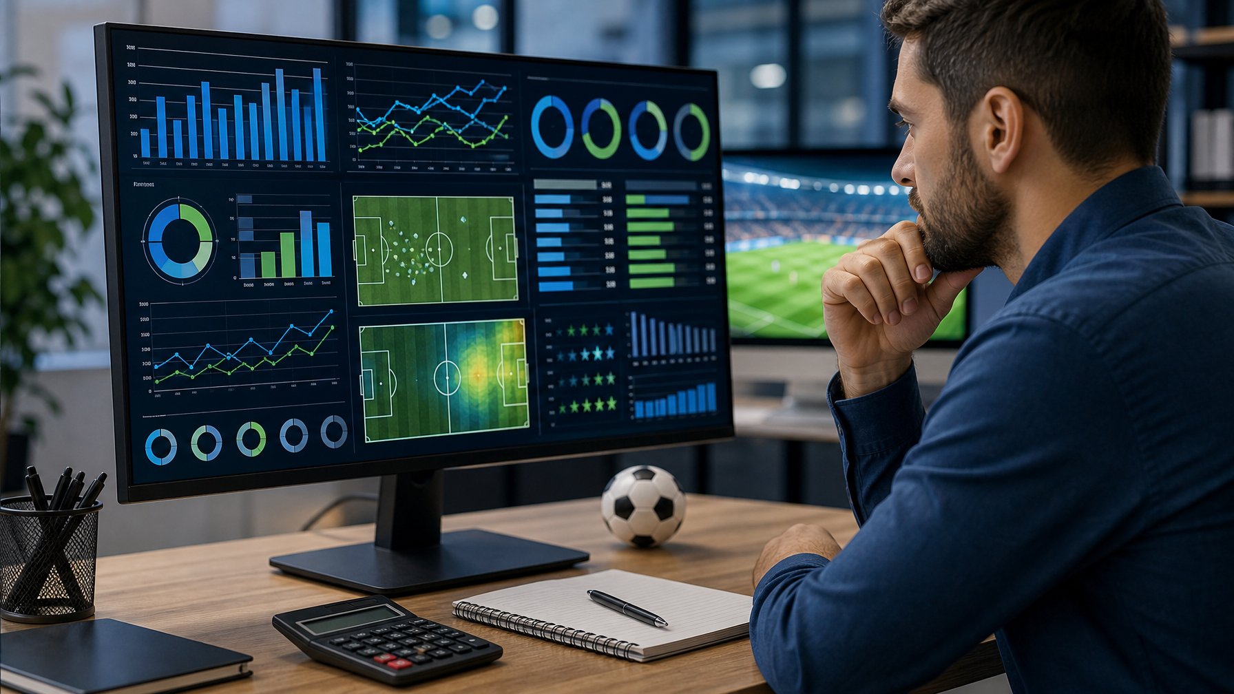 Analis memeriksa grafik statistik performa tim sepak bola di ruang kerja modern.