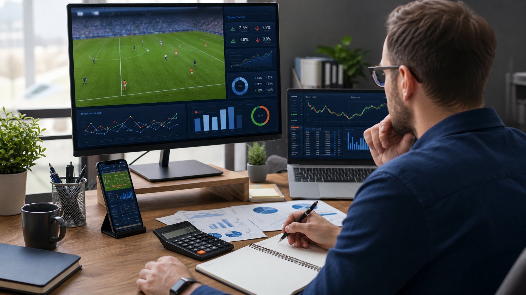 Seorang analis memeriksa data pertandingan sepak bola langsung dengan kalkulator, grafik, dan perangkat digital di meja kerja.