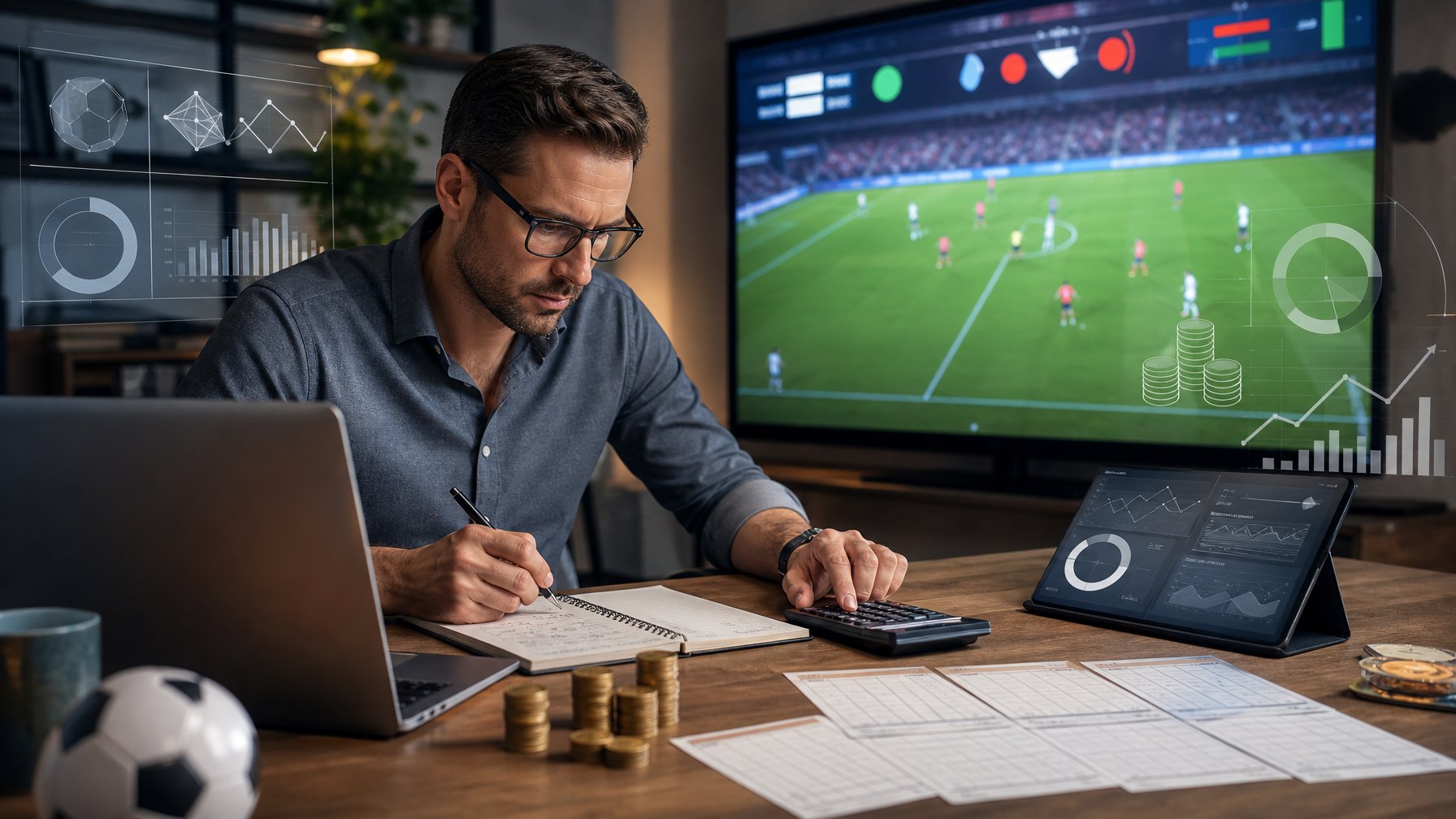 Analis menghitung potensi keuntungan taruhan sepak bola langsung di meja kerja dengan laptop, kalkulator, dan visual pertandingan.