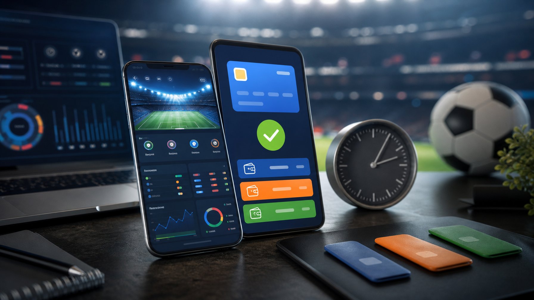 Ponsel menampilkan antarmuka pertandingan olahraga dan konfirmasi pembayaran dompet digital di atas meja modern.