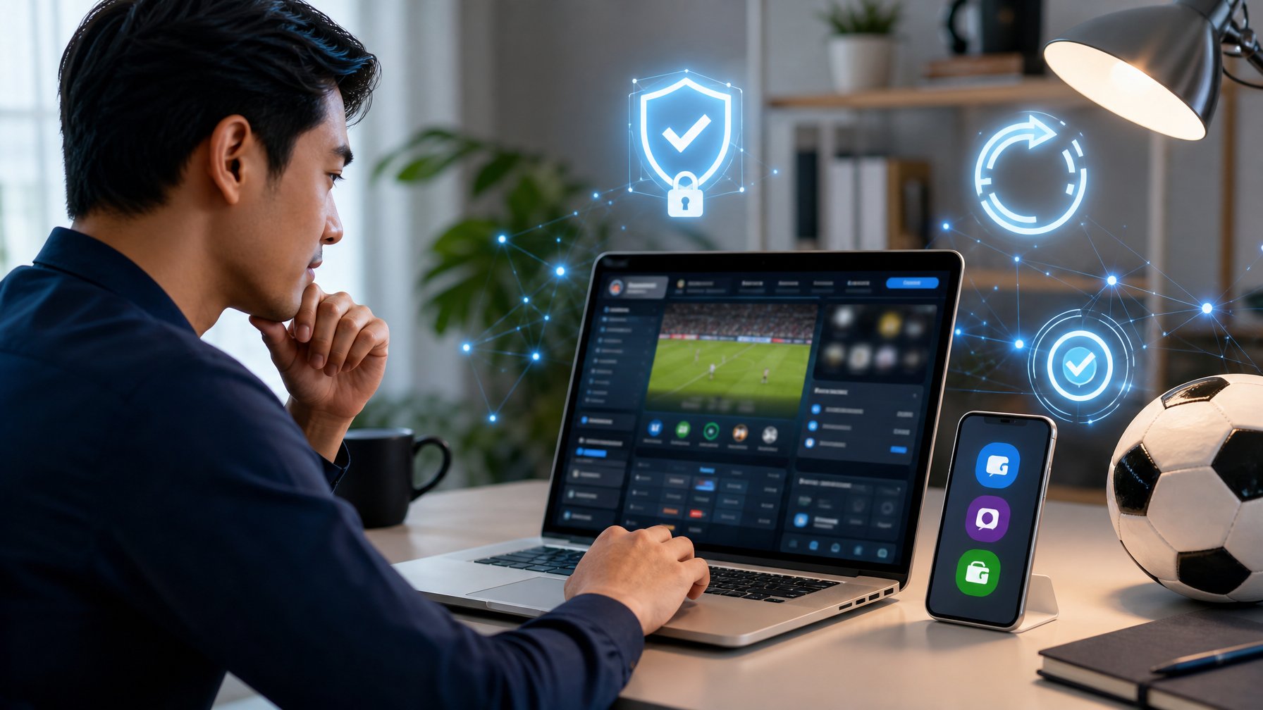 Seseorang memeriksa platform sepak bola daring yang aman dengan dukungan pembayaran dompet digital di laptop dan ponsel.
