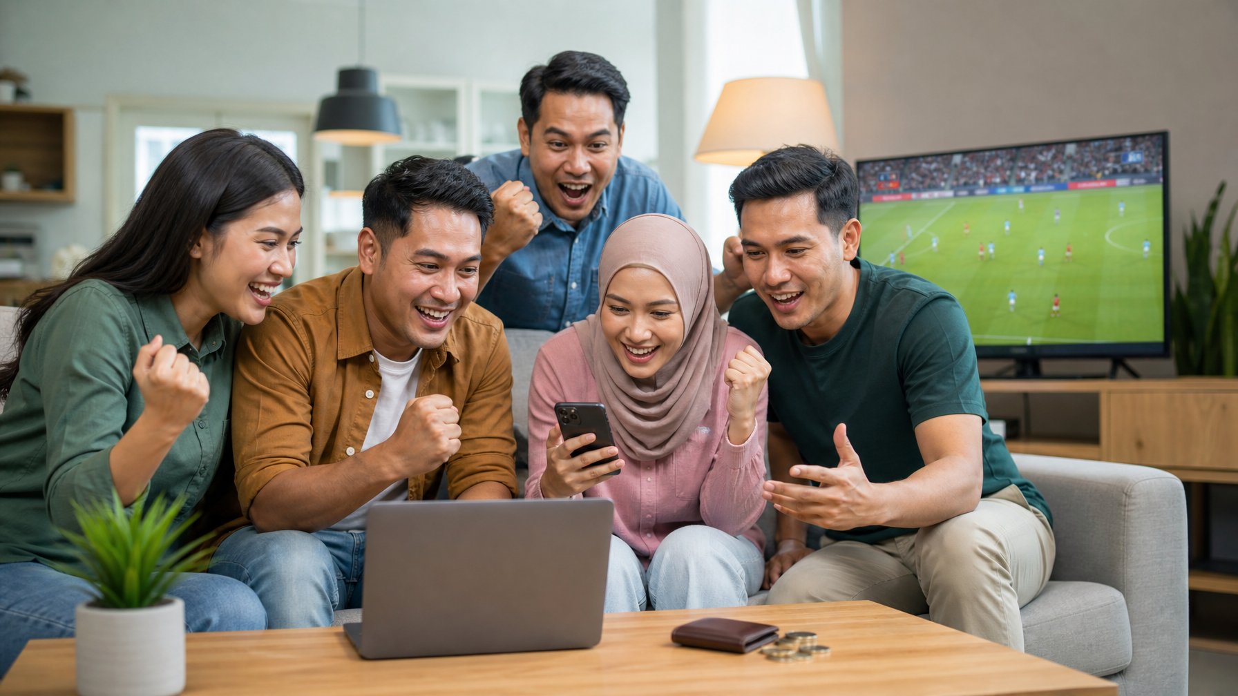 Sekelompok orang dewasa beragam sedang menyaksikan pertandingan sepak bola bersama menggunakan laptop dan ponsel di ruang santai modern.