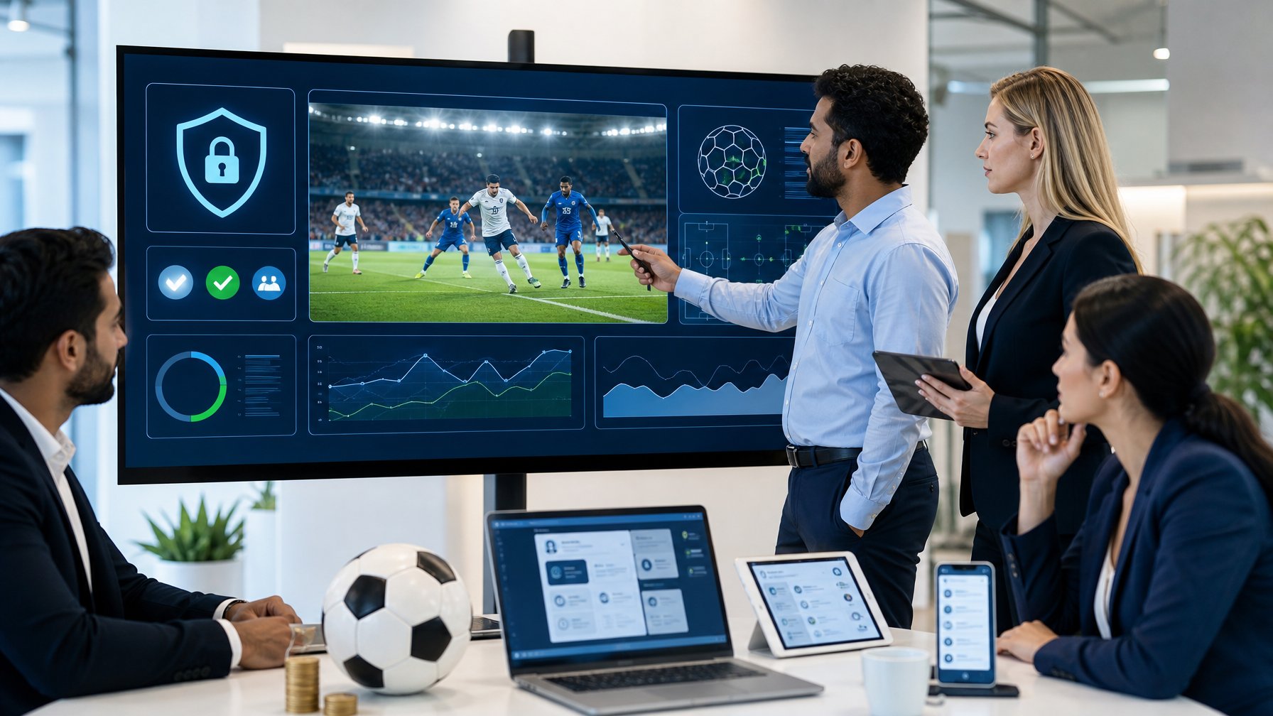 Profesional dewasa meninjau platform olahraga digital yang aman di kantor modern dengan elemen keamanan dan sepak bola.