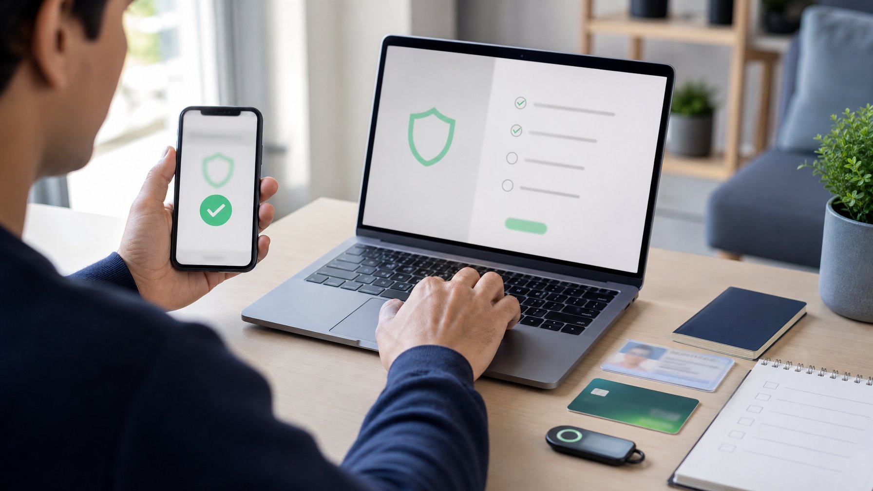 Seseorang memeriksa verifikasi akun dan dokumen keuangan di meja kerja menggunakan laptop dan ponsel.