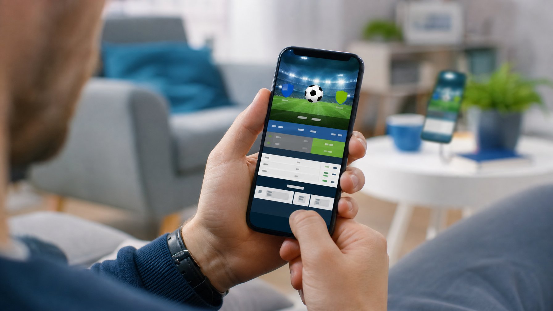 Seseorang menggunakan ponsel untuk mengakses informasi pertandingan sepak bola di rumah.
