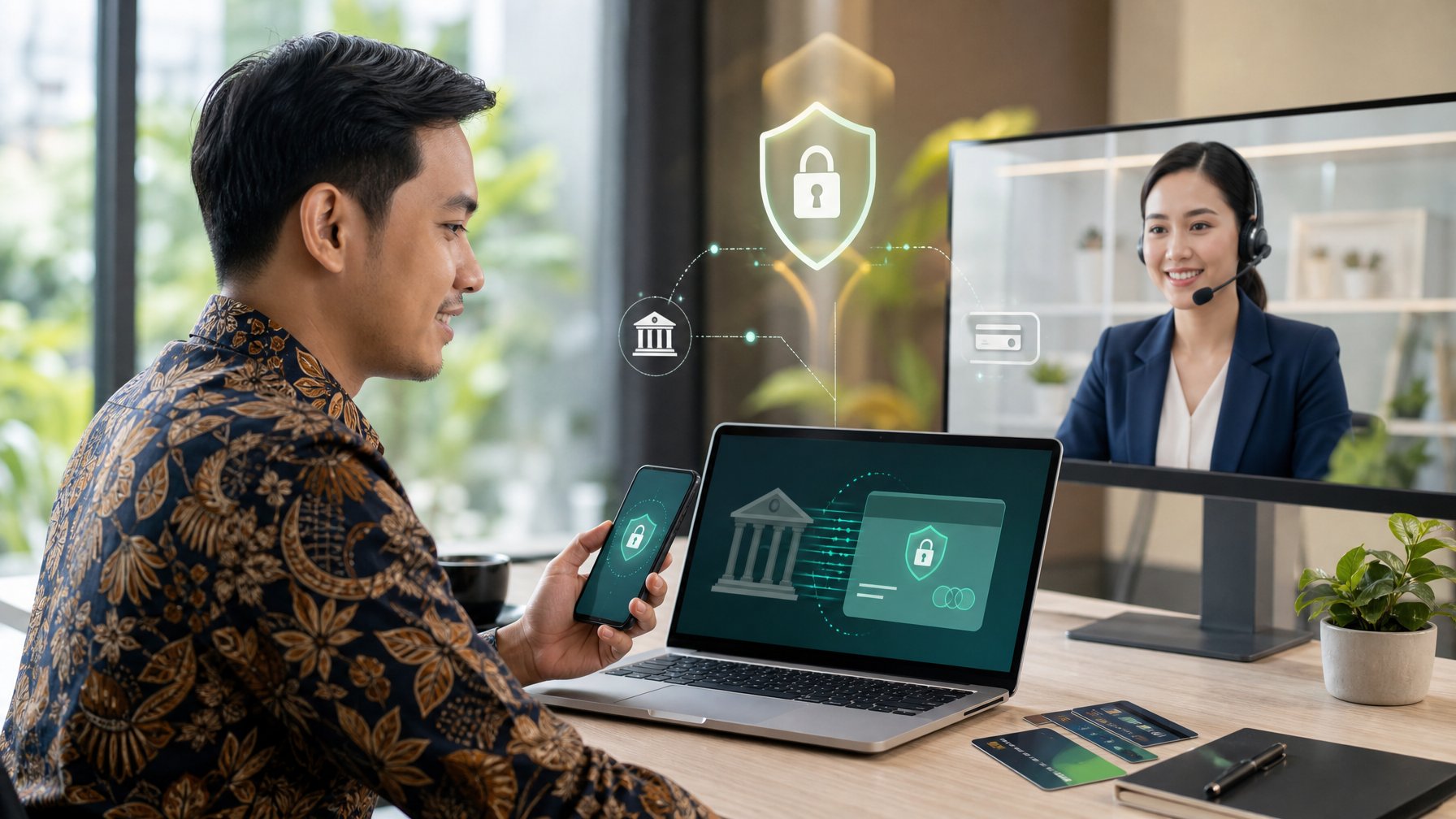 Seorang pelanggan Indonesia melakukan transaksi digital aman dengan bantuan layanan dukungan profesional.