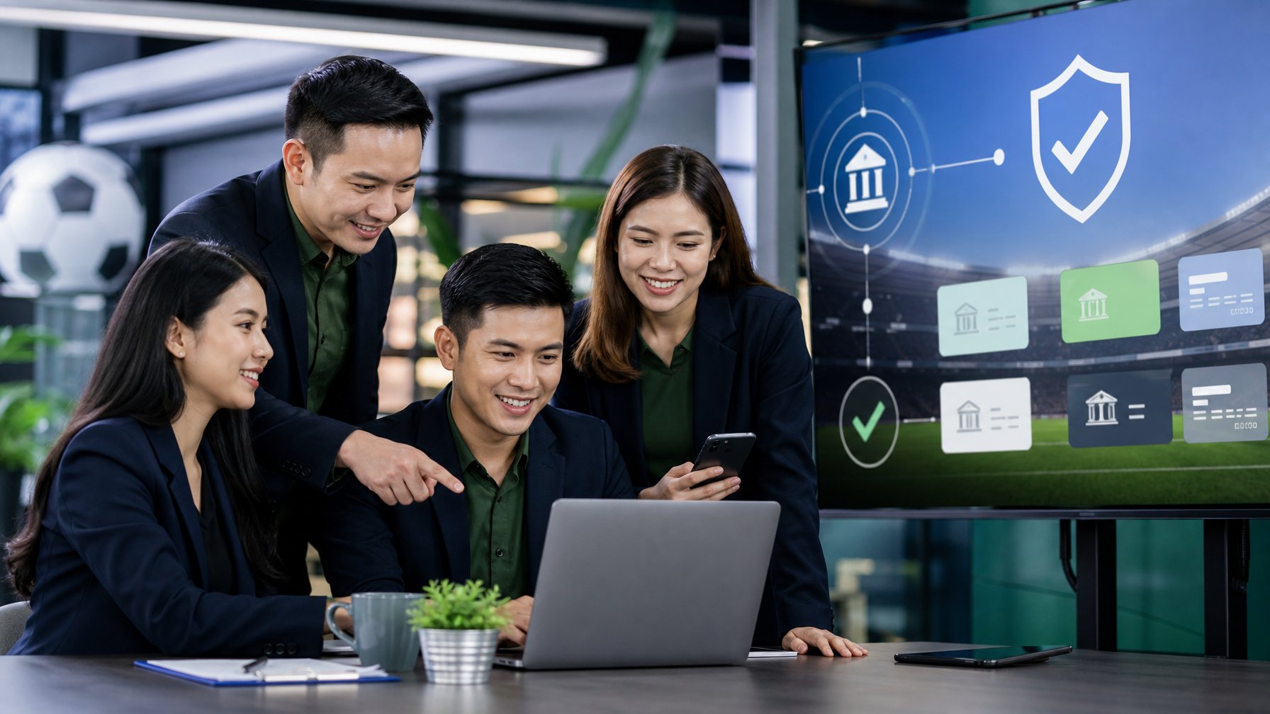 Tim layanan pelanggan dan pembayaran bekerja bersama di kantor modern dengan laptop, ponsel, serta simbol keamanan transaksi dan tema sepak bola.