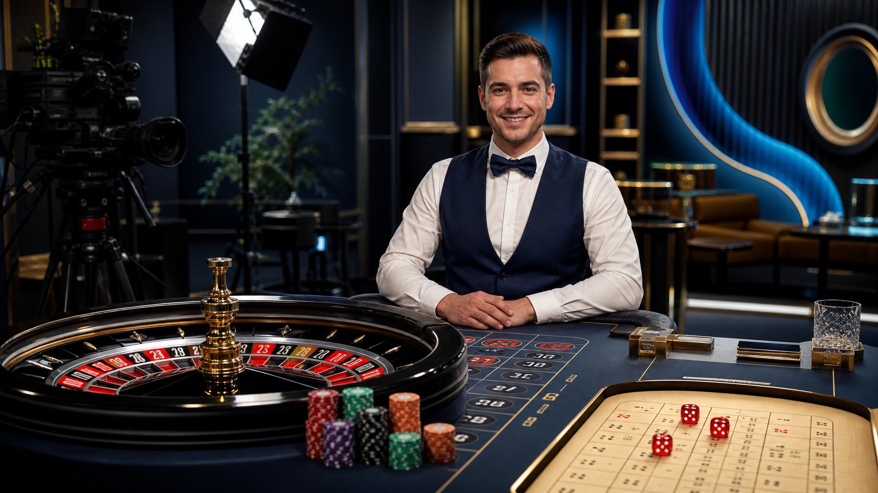 Meja roulette dan sic bo di studio kasino modern dengan dealer dan peralatan siaran langsung.