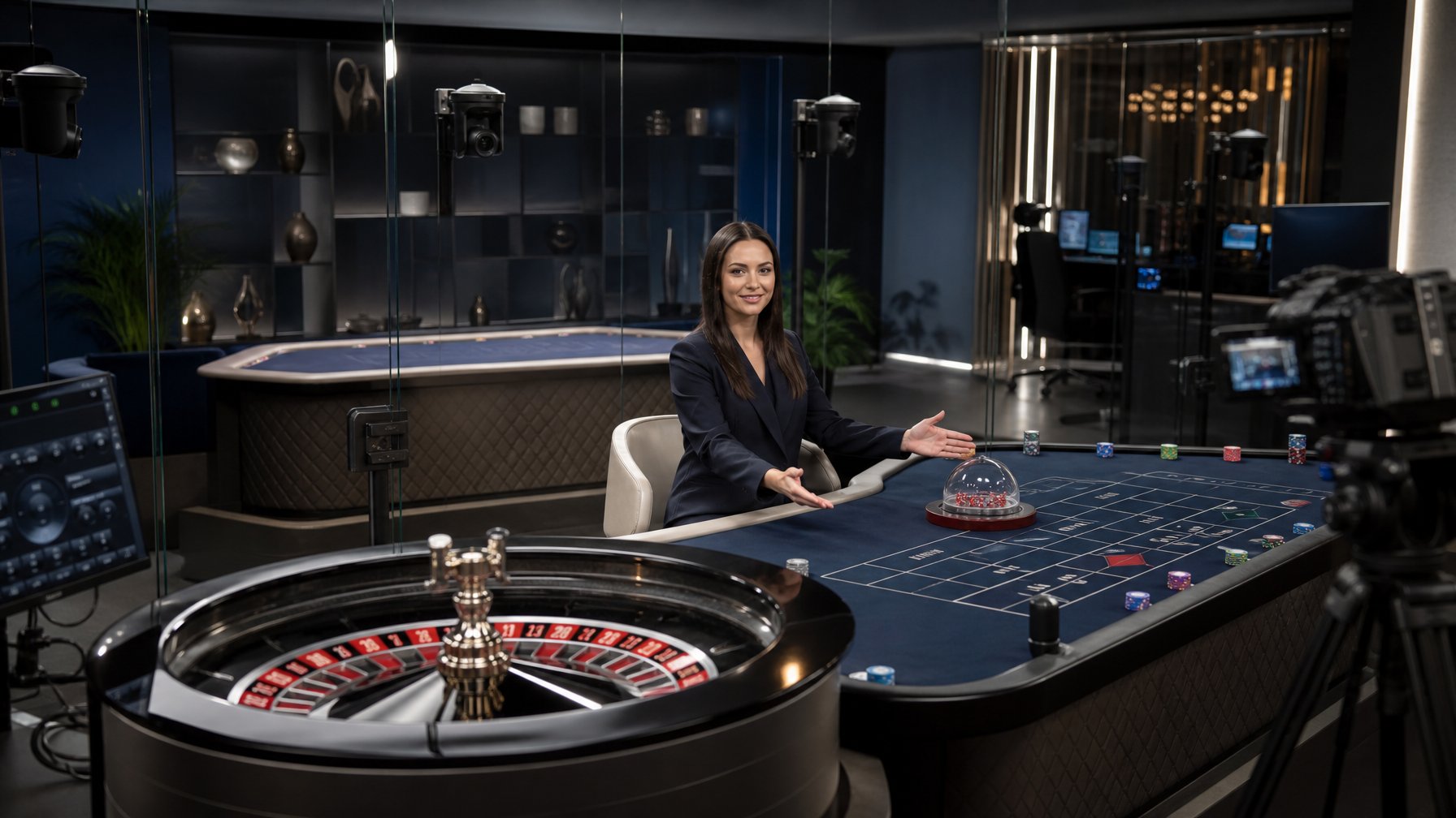 Dealer profesional memandu permainan roulette dan sic bo di studio kasino live yang modern dan tertata.