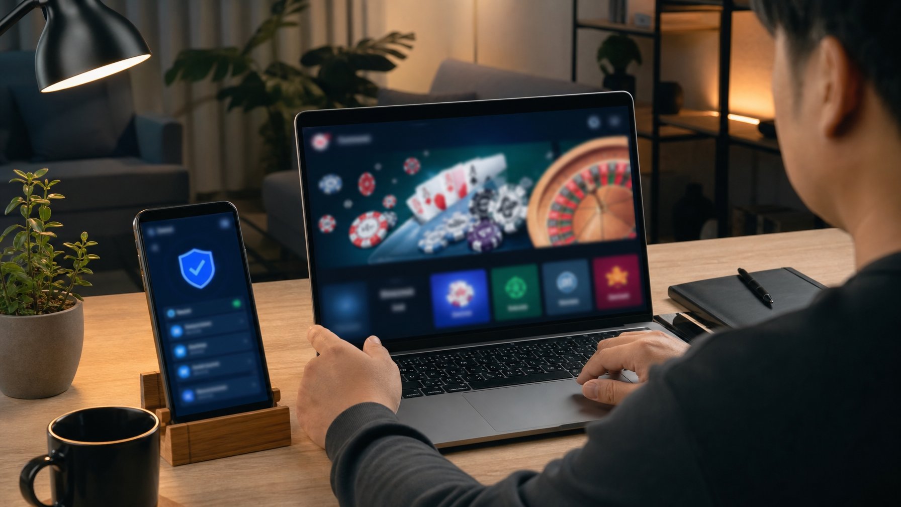 Orang dewasa menggunakan laptop dan ponsel dengan tampilan permainan kasino digital di meja kerja modern.