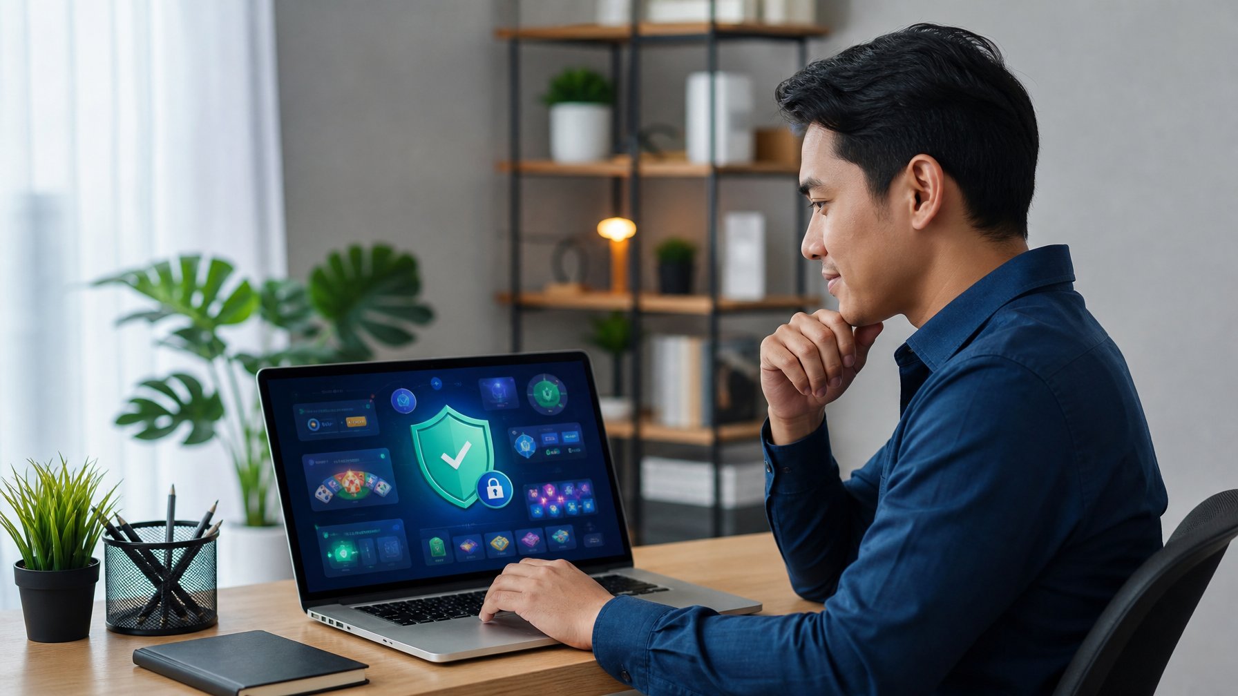 Orang dewasa memeriksa platform hiburan daring dengan simbol keamanan di laptop.
