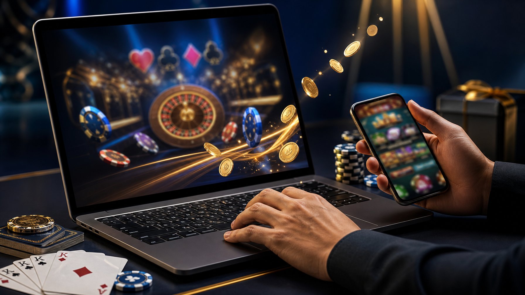 Tangan seseorang menggunakan laptop untuk bermain kasino online, dengan chip kasino, kartu, dan koin emas di atas meja.