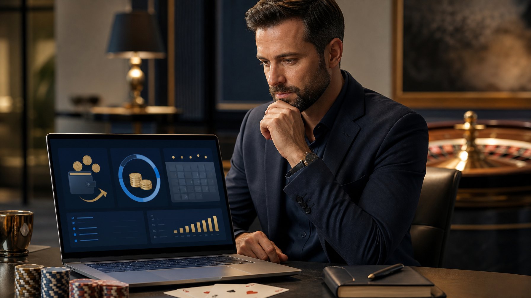 Orang dewasa memeriksa dasbor hadiah di laptop dalam suasana kasino yang elegan.