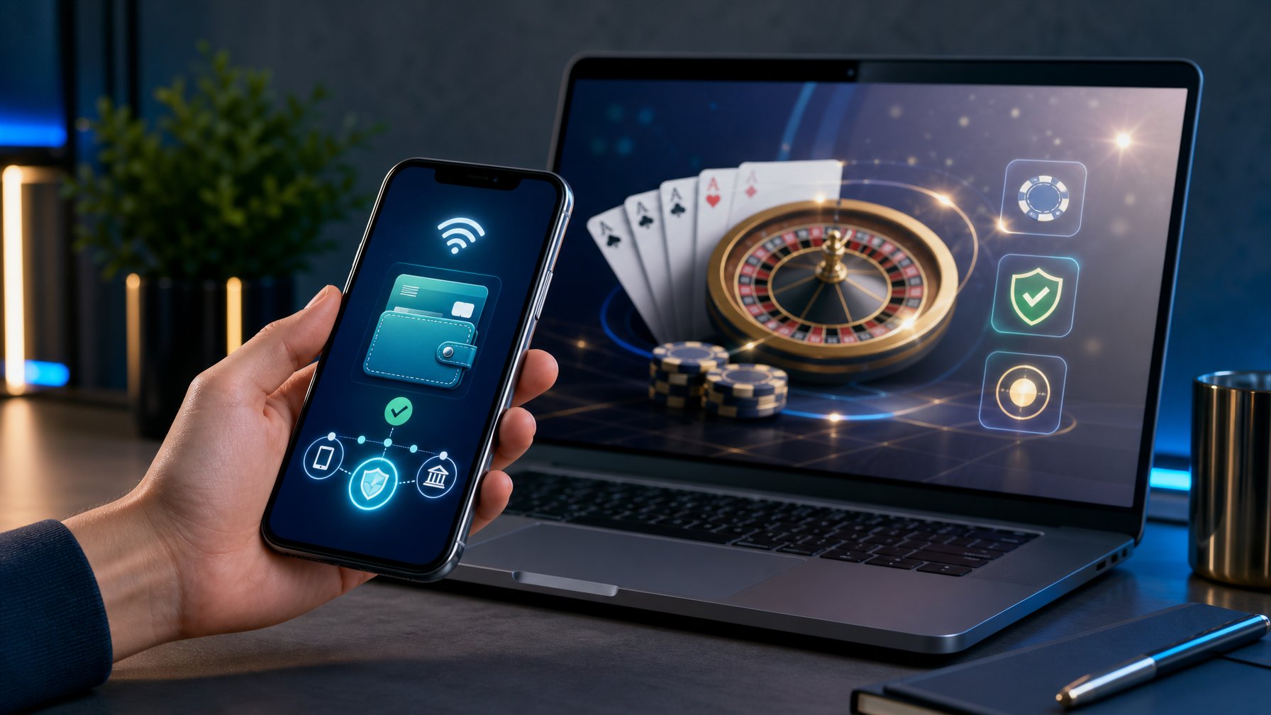 Perangkat ponsel dan laptop menampilkan antarmuka kasino online serta ilustrasi pembayaran digital di atas meja modern.