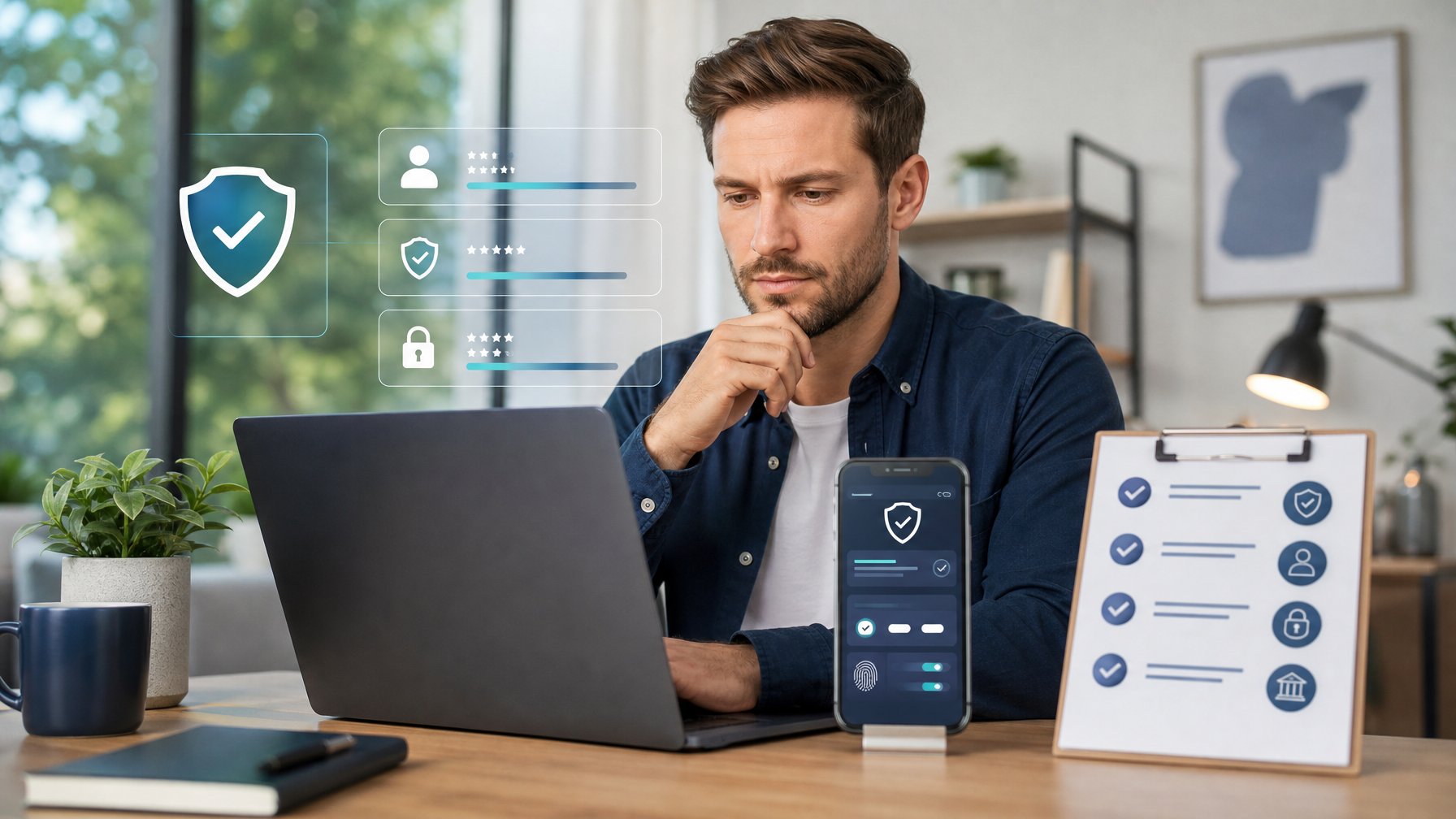 Pengguna memeriksa keamanan dan keandalan platform digital di laptop dan ponsel.