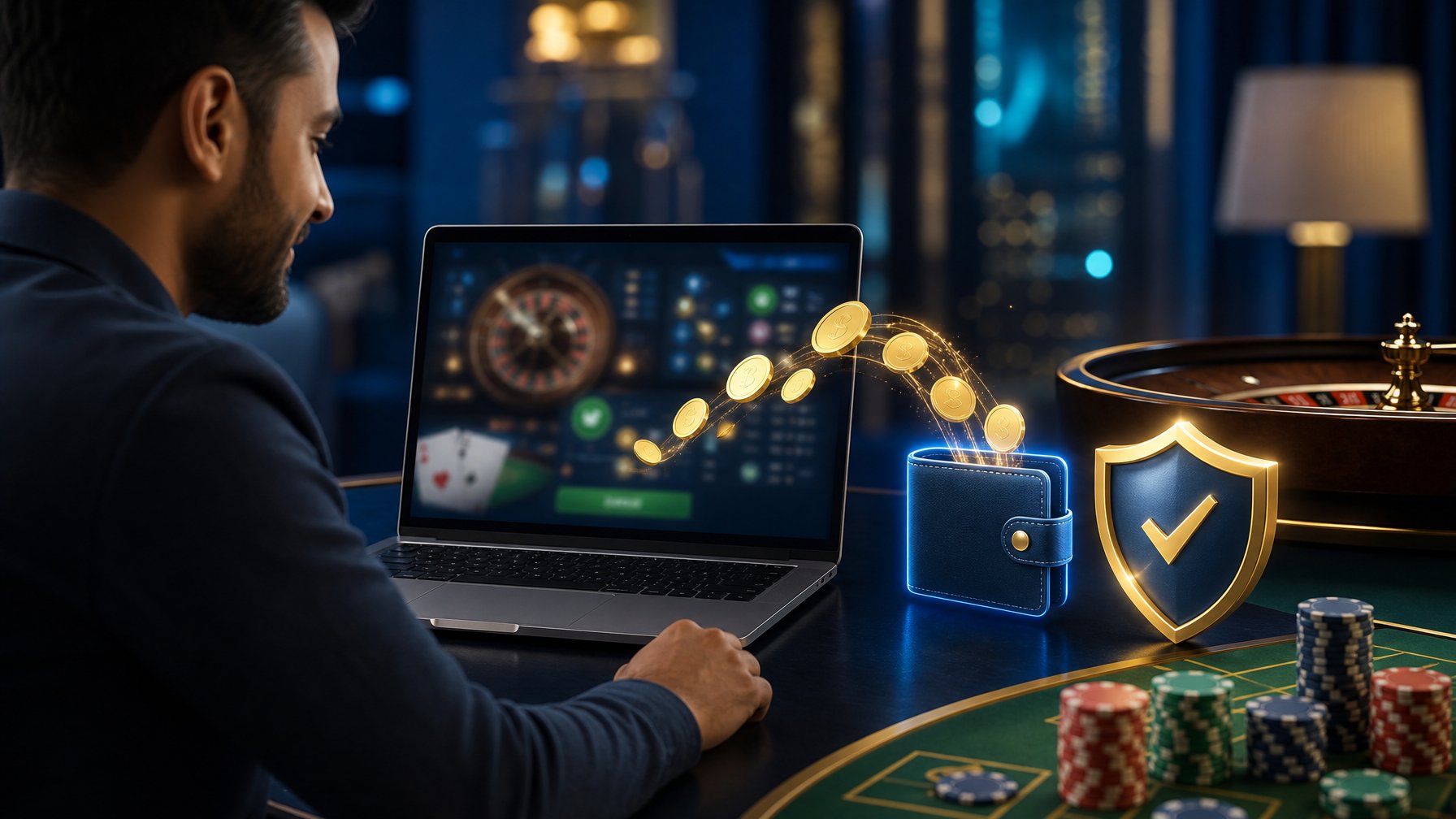 Seseorang meninjau platform kasino digital dengan simbol keamanan, dompet digital, dan elemen permainan kasino di meja modern.