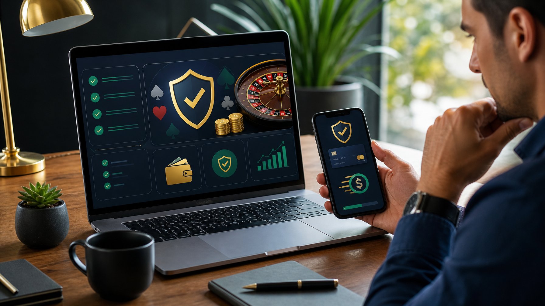 Seseorang meninjau platform kasino online melalui laptop dan ponsel dengan simbol keamanan serta pembayaran digital.