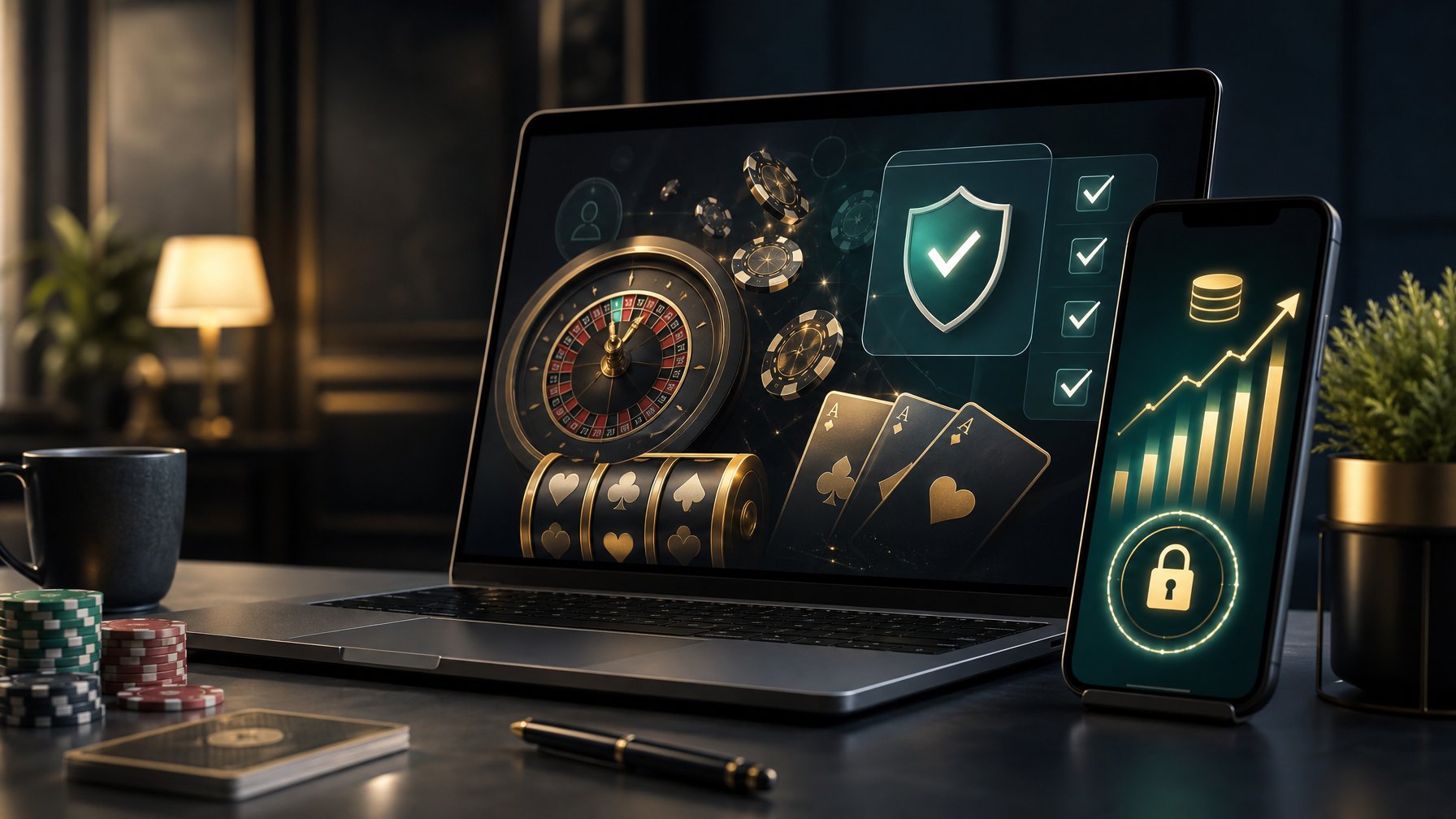 Laptop dan ponsel menampilkan antarmuka kasino digital dengan ikon keamanan, chip, dan kartu di meja modern.