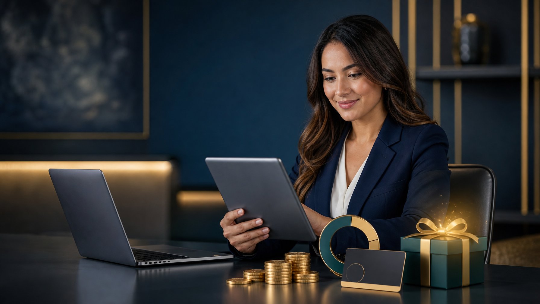 Seorang anggota kasino online meninjau hadiah dan persyaratan bonus di meja dengan koin emas dan kotak hadiah.