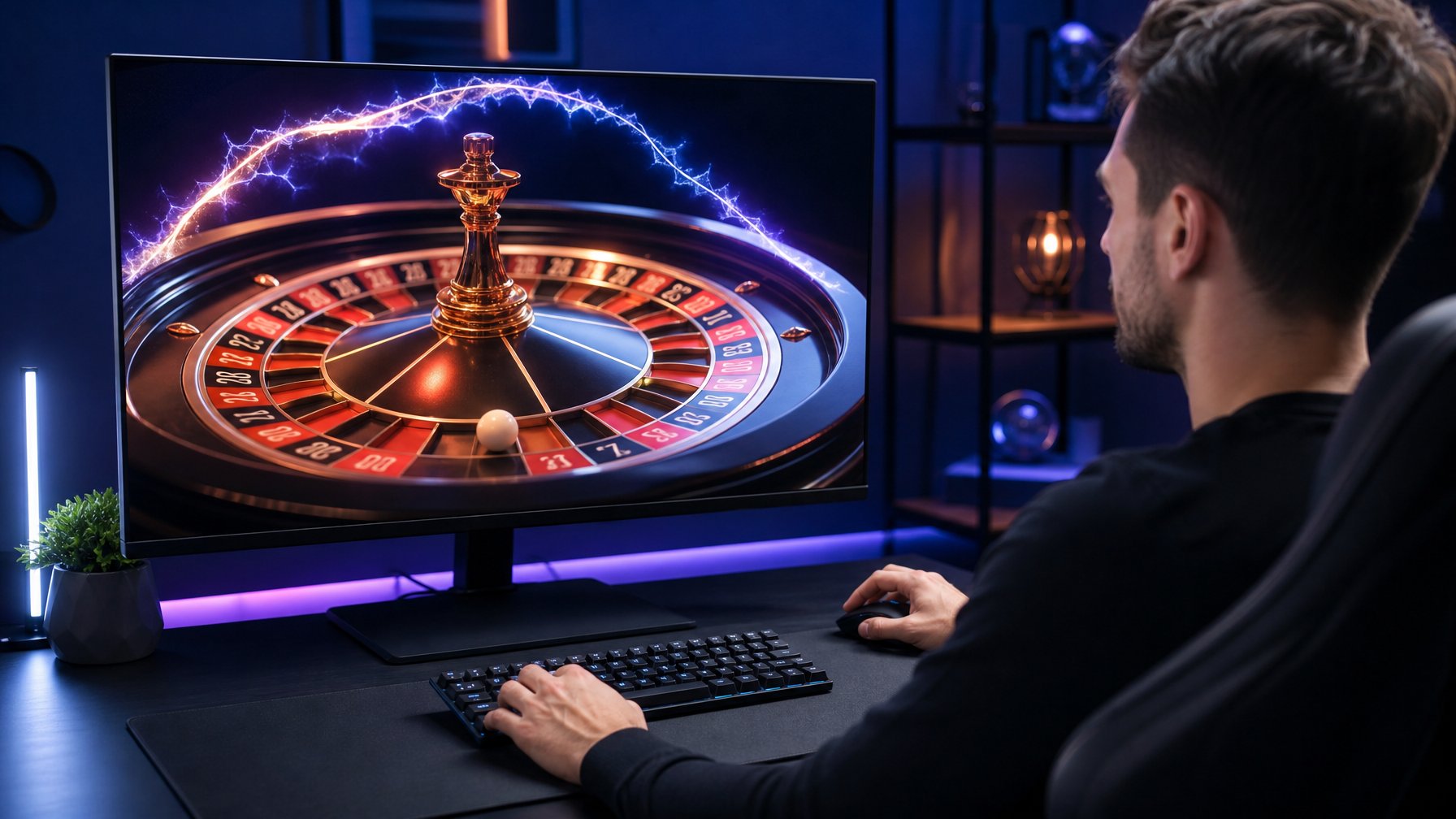 Pemain mengamati permainan roulette digital dengan roda roulette bercahaya di lingkungan kasino modern.