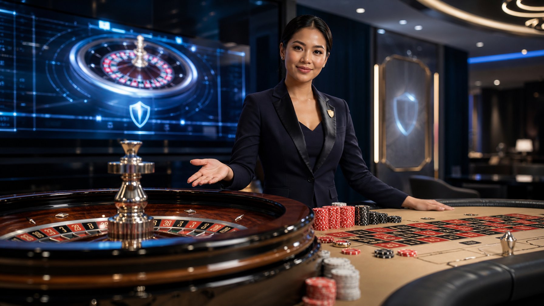 Roda roulette dan keping taruhan di meja kasino modern dengan pemandu permainan berdiri di latar belakang.