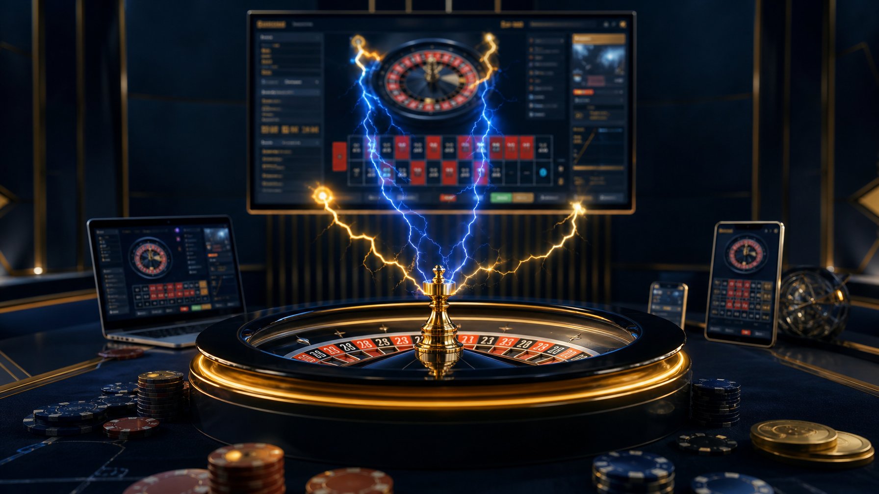 Meja roulette modern dengan roda bercahaya dan efek petir biru keemasan, disertai perangkat digital di latar belakang.