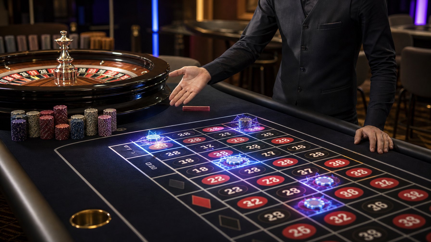 Meja Lightning Roulette dengan roda roulette, keping taruhan, dealer, dan pencahayaan biru keunguan di dalam kasino modern.