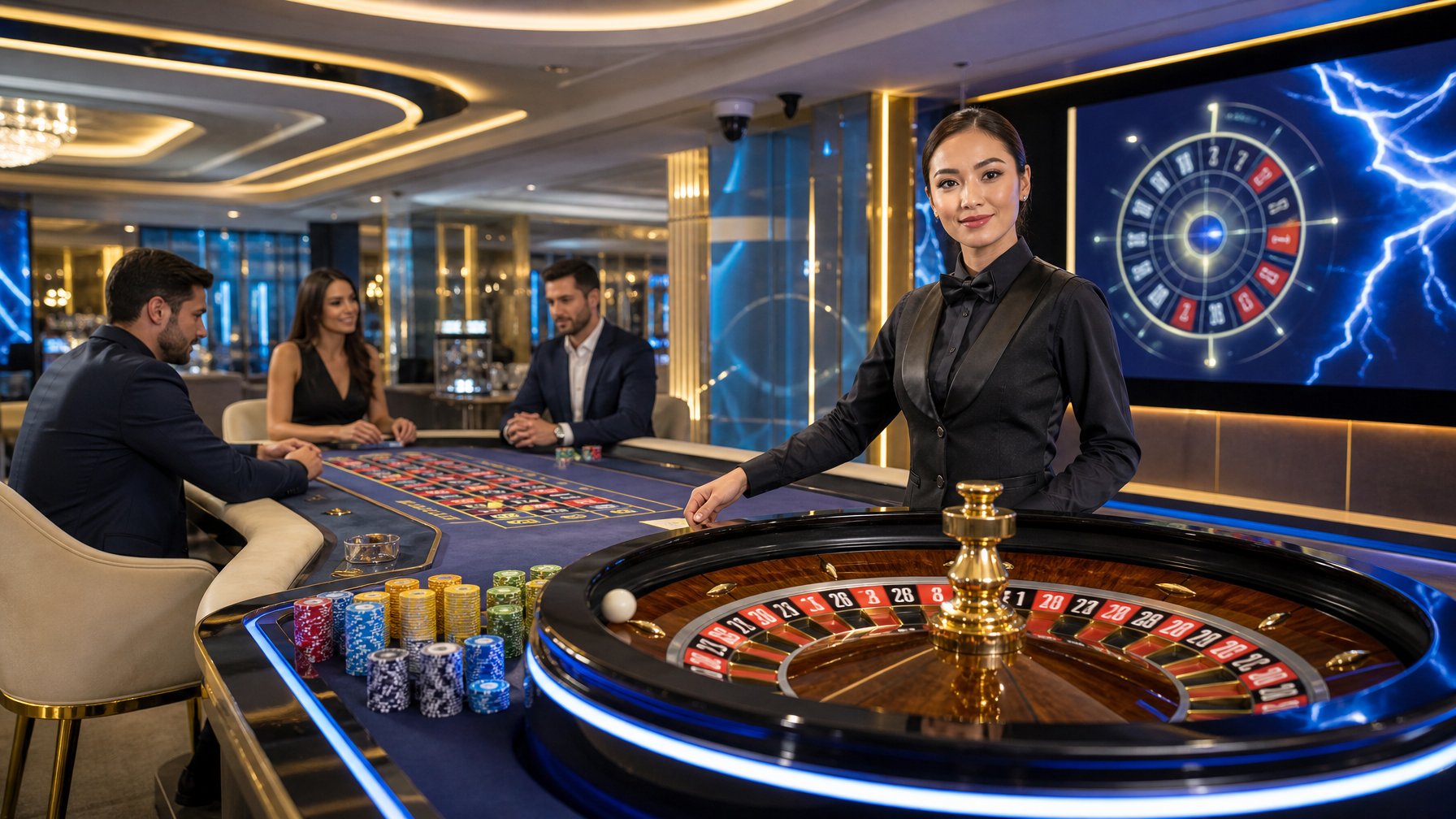 Dealer memandu permainan roulette langsung di kasino modern dengan roda roulette dan keping taruhan.
