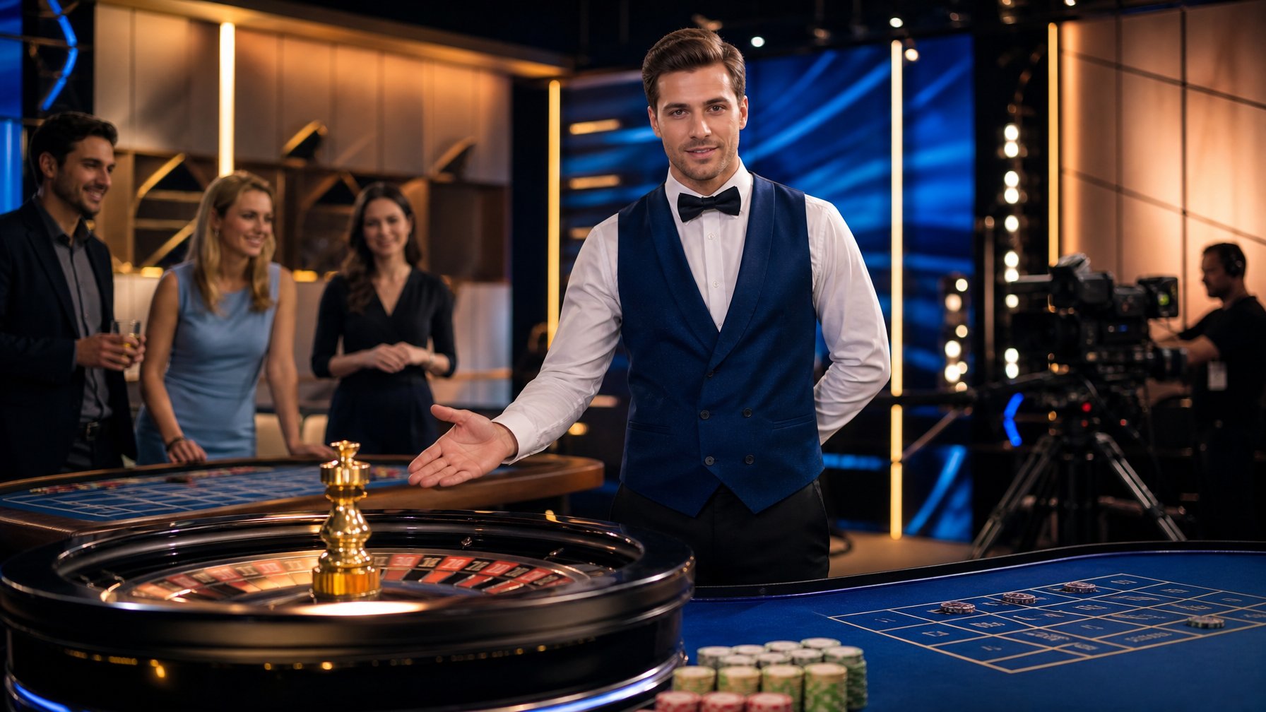 Dealer profesional berdiri di samping meja dan roda roulette di studio kasino modern dengan pencahayaan biru keemasan.
