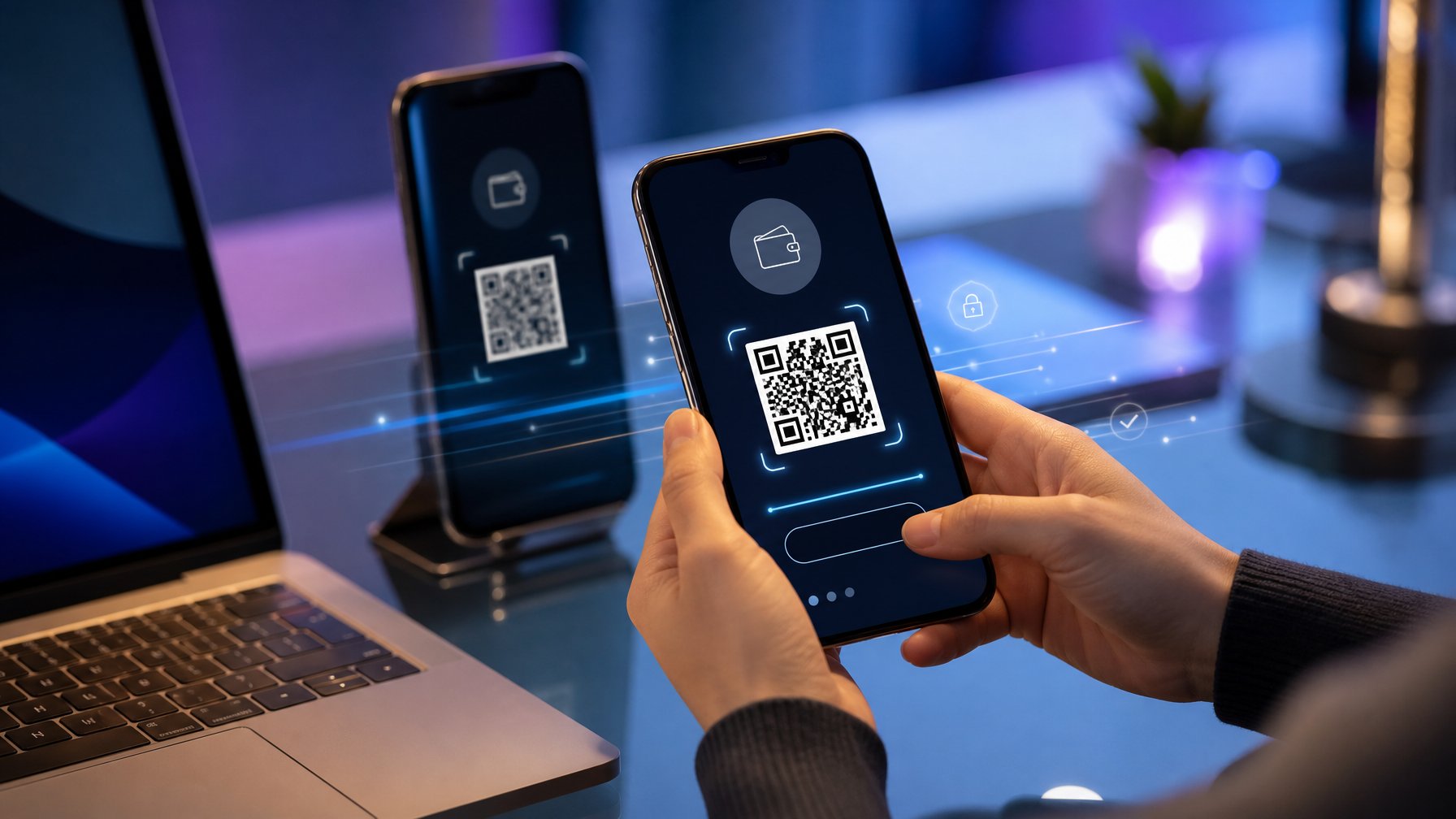 Seseorang menggunakan ponsel untuk melakukan pembayaran melalui kode QR di meja modern.