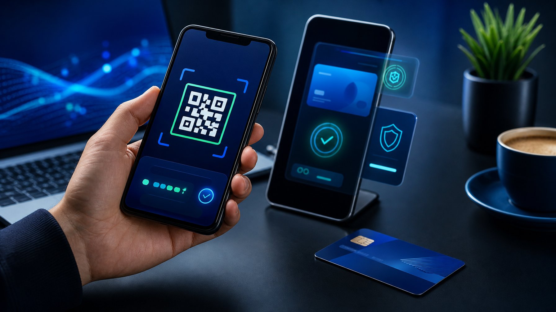 Ponsel dan tablet menampilkan antarmuka pembayaran digital di atas meja kerja modern.