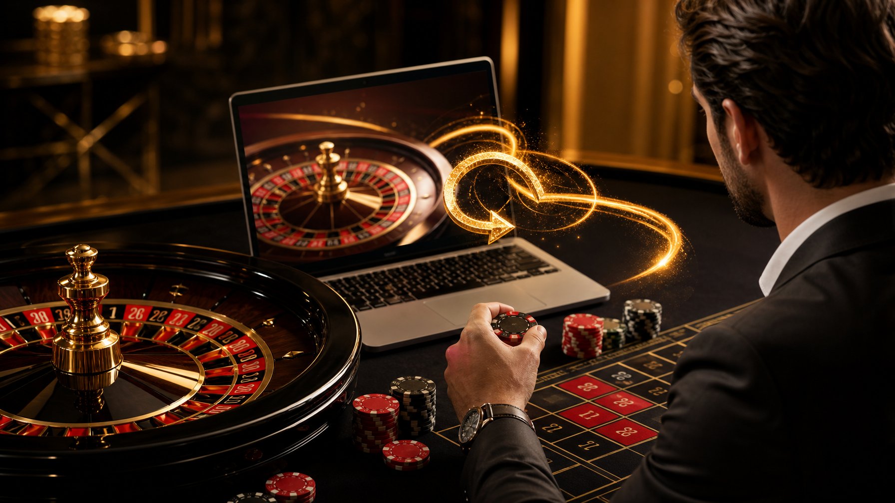 Pemain dewasa melihat roda roulette bercahaya di meja permainan dengan keping merah dan hitam.