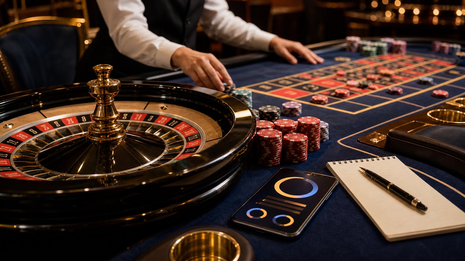 Meja roulette dengan roda permainan, keping taruhan, dealer, dan ponsel yang menampilkan ilustrasi hadiah.