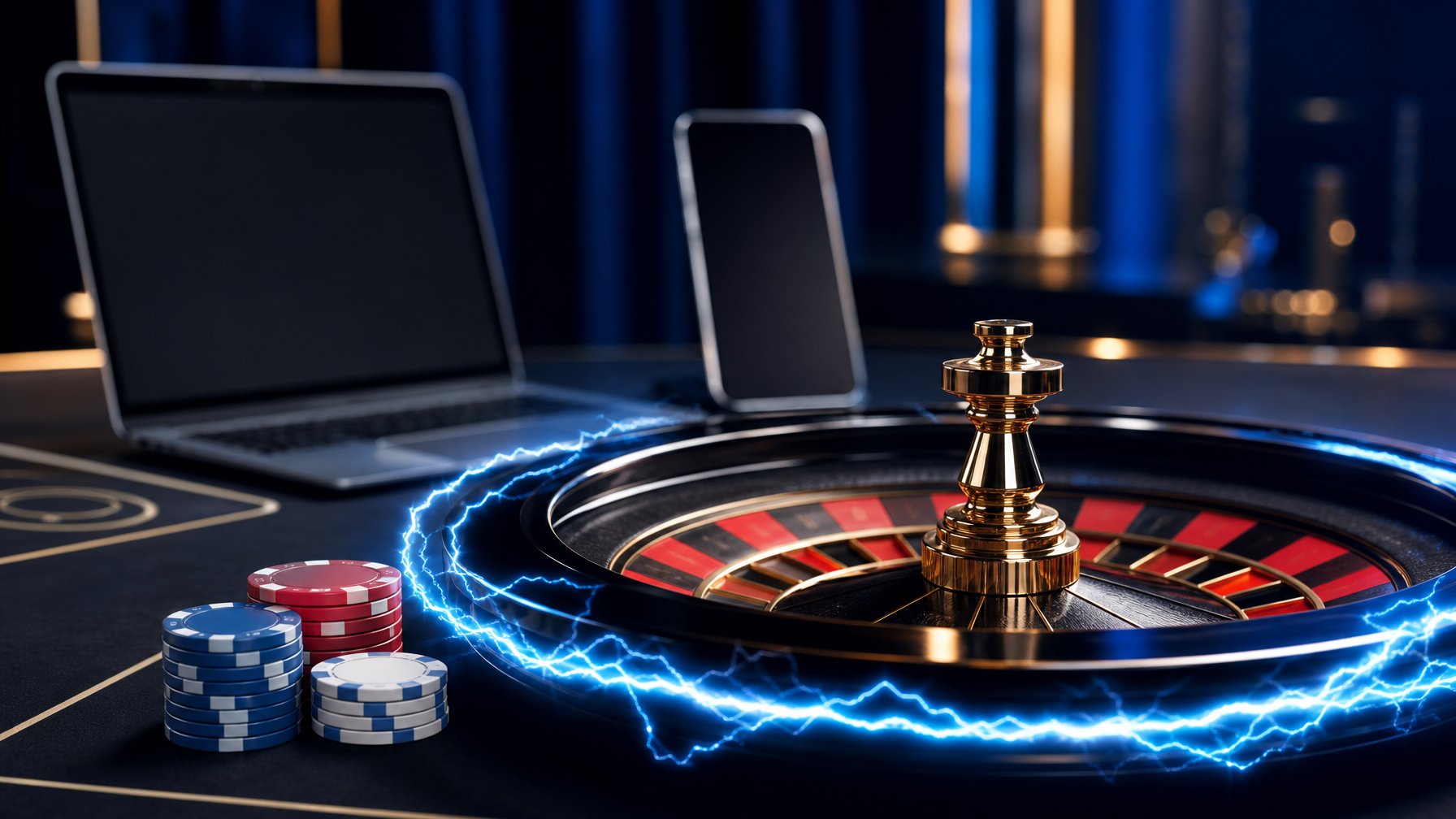 Roda roulette modern dengan tumpukan chip kecil, aksen cahaya biru, serta ponsel dan laptop di latar belakang.