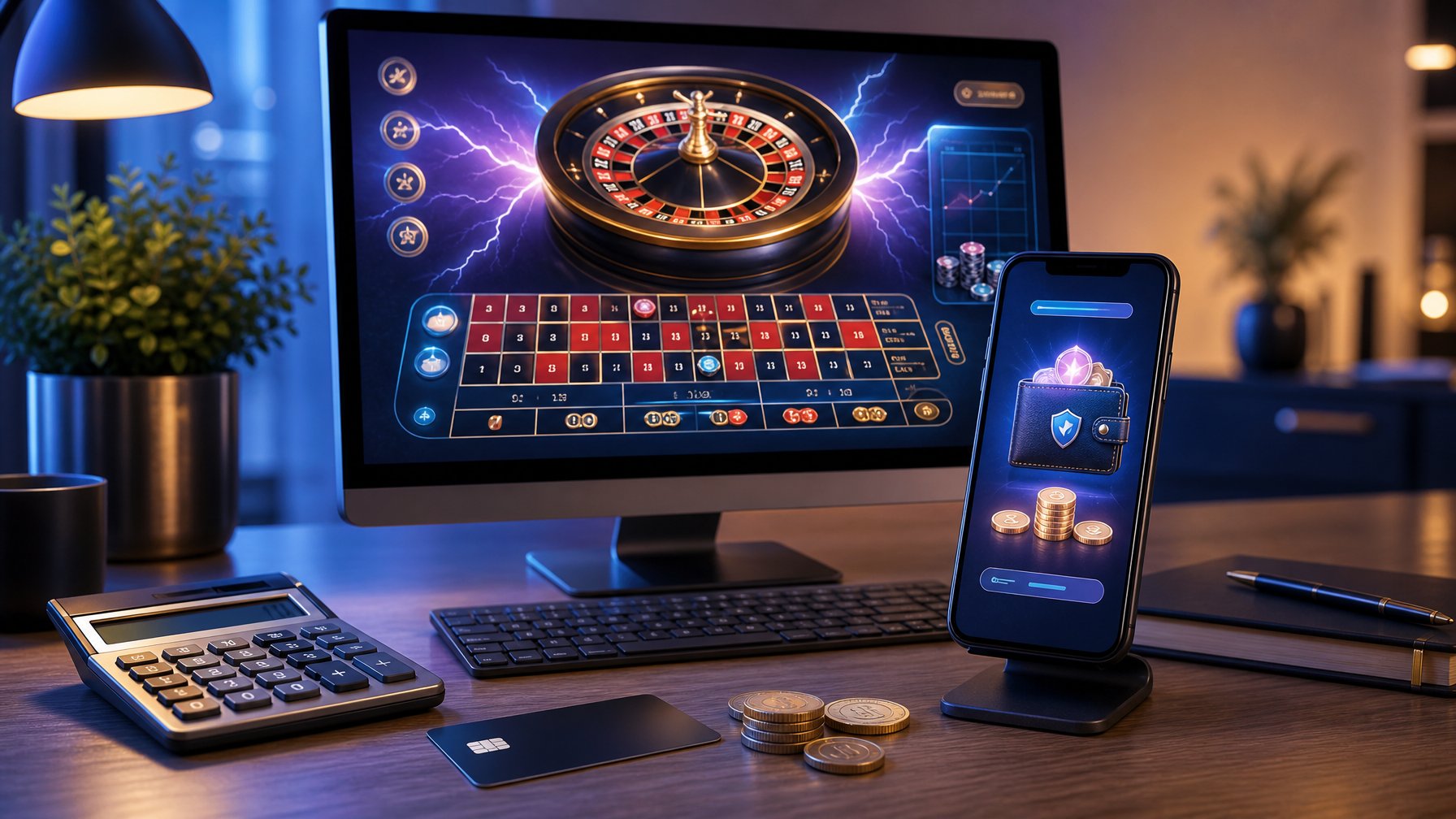 Meja kerja modern dengan monitor yang menampilkan roda roulette digital, ponsel, kalkulator, kartu pembayaran, dan beberapa koin.