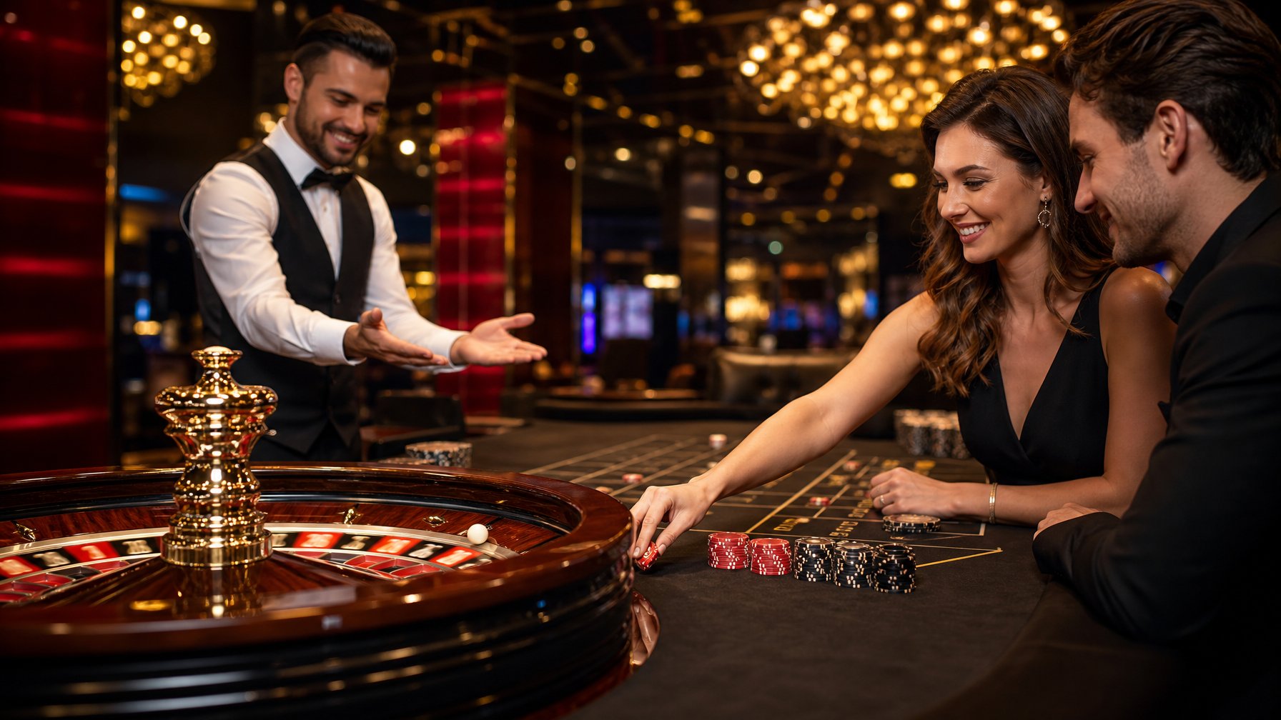 Pemain dewasa memasang taruhan di meja roulette mewah dengan roda roulette, keping taruhan, dan bandar kasino di latar belakang.