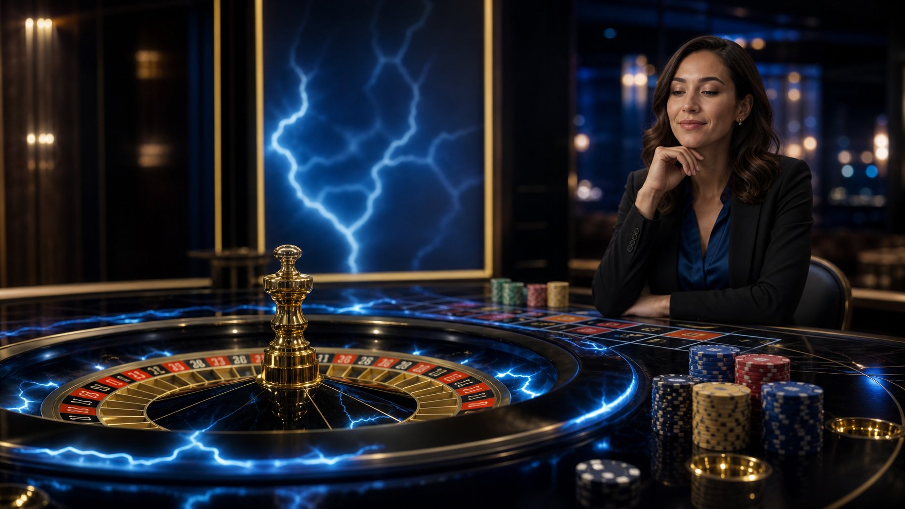 Seorang anggota baru mengamati roda roulette bercahaya di lingkungan kasino modern dengan nuansa biru dan emas.